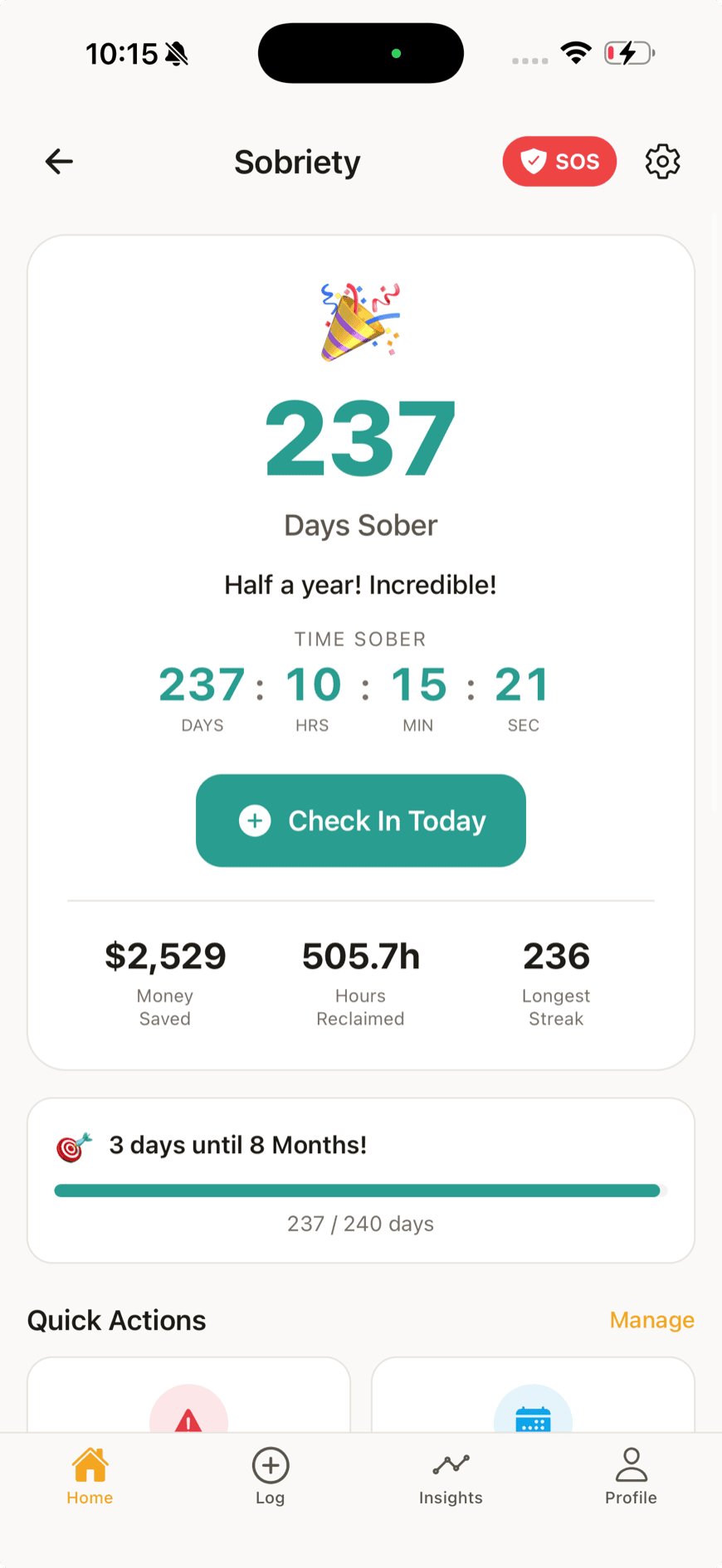 Daily check-in screen for mood, workout and sobriety streak.
