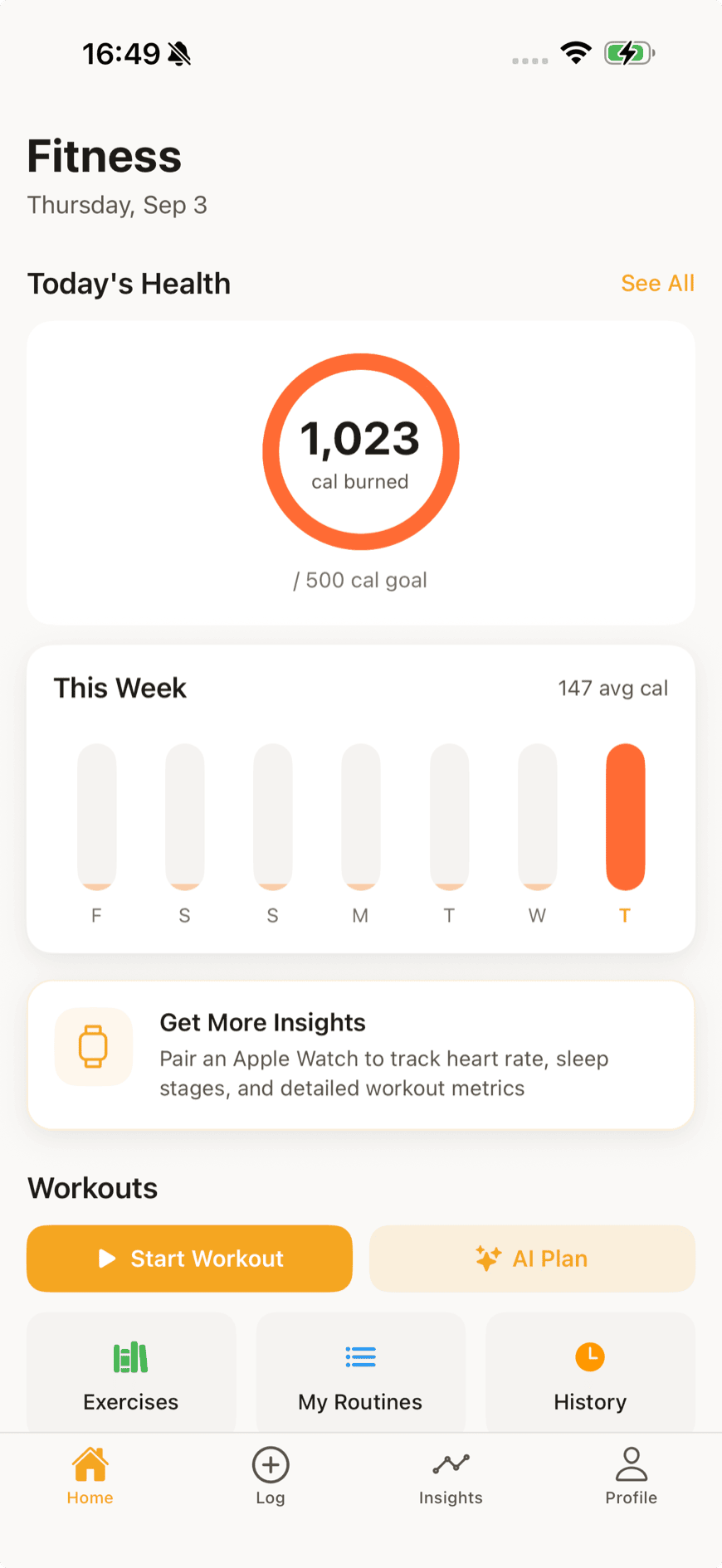 Fitness screen showing a logged workout, step count and the exercise library.
